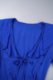 Синие повседневные однотонные платья с V-образным вырезом и длинными рукавами с уздечкой