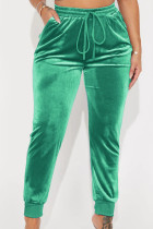 Зеленый повседневный однотонный пэчворк с карманом на шнурке, обычная однотонная нижняя часть со средней талией