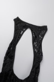 Black Sexy Solid Lace Hollowed Out Patchwork See-through O Neck Skinny Jumpsuits