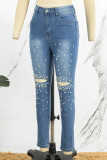 Medium Blue Casual Patchwork Ripped Beading High Waist Skinny Distressed Denim Jeans (Subject To The Actual Object)