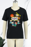 Black Casual Cute Character Print Patchwork O Neck T-Shirts