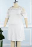 Vestido branco casual patchwork liso com decote em O e manga curta vestidos tamanho grande