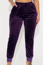 Фиолетовый Повседневный однотонный пэчворк с карманом на завязках, обычная однотонная нижняя часть со средней талией