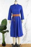 Koningsblauwe casual effen jurk met riem, mandarijnkraag en lange mouwen