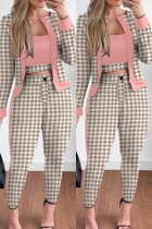 Roze casual print patchwork vest broek O-hals driedelige set met lange mouwen