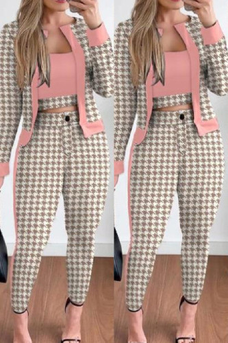 Roze casual print patchwork vest broek O-hals driedelige set met lange mouwen
