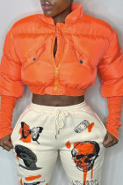 Оранжевая повседневная однотонная лоскутная верхняя одежда с воротником-молнией