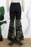 Camouflage Casual Street Camouflage Print Patchwork Contrast Boot Cut Mid Waist Speaker Patchwork Bottoms