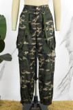 Armeegrüne, legere, Patchwork-Hose mit Camouflage-Print, normaler, hoher Taille und konventionellem Volldruck