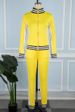 Yellow Casual Striped Patchwork Contrast Zipper Collar Long Sleeve Two Pieces