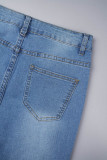 Mittelblaue, legere, lässige, zerrissene, mit Perlen verzierte Patchwork-Jeans aus Röhrenjeans mit hoher Taille (abhängig vom tatsächlichen Objekt)