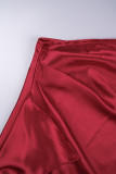 Красное сексуальное однотонное платье с открытой спиной и косым воротником без рукавов из двух частей