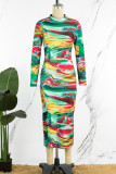 Kleur sexy print patchwork halve coltrui kokerrok jurken