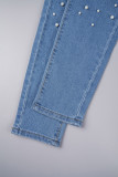 Jean skinny bleu moyen décontracté en patchwork déchiré et perlé (sous réserve de l'objet réel)