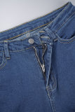 Deep Blue Street Solid Ripped Patchwork Pocket Buttons Zipper High Waist Skinny Denim Jeans