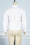 White Casual Street Solid Patchwork Draw String Turndown Collar Tops