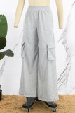 Pantalones casuales de patchwork liso con bolsillo de cintura alta y pierna ancha de color liso gris