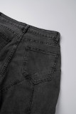 Jeans in denim regolari a vita media con bottoni con tasca patchwork in tinta unita nero Street College