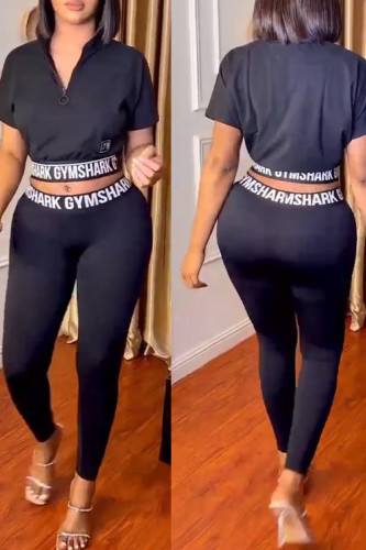Black Street Print Patchwork Zipper Mandarin Collar Short Sleeve Two Pieces