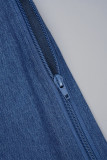 Tiefblaues, einfarbiges, ausgehöhltes Patchwork-Taschen-Schnalle-Mandarin-Kragen-Langarm-Zweiteiler