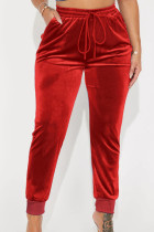 Rode casual effen patchwork zak met trekkoord, normale middentaille, conventionele effen kleur broek