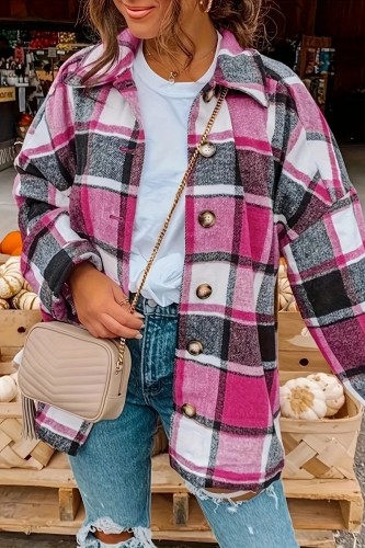 Capispalla rosa casual con colletto a camicia scozzese con bottoni (soggetto all'oggetto reale)