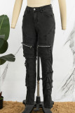 Schwarze Street College Solid Patchwork-Jeans mit Taschenknöpfen, Reißverschluss und mittlerer Taille