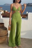 Groene sexy casual effen rugloze V-hals normale jumpsuits