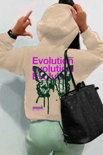 Khaki Casual Print Zipper Hooded Collar Tops