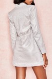 Silver Casual Solid Patchwork Turndown Collar Long Sleeve Dresses
