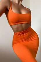 Orange Sexy Casual Solid Backless Spaghetti Strap Sleeveless Two Pieces