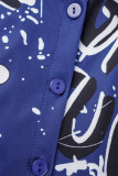 Azul Casual Street Print Patchwork Bolso Fivela Turndown Collar Macacões Plus Size