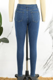 Azul profundo rua sólido rasgado retalhos bolso botões zíper cintura alta jeans skinny