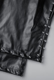 Negro Casual parches lisos bolsillo con abertura y cuentas recto cintura media pantalones rectos de color sólido