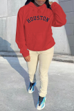 Red Casual Print Draw String Letter Hooded Collar Tops