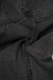 Black Street College Solid Patchwork Pocket Buttons Zipper Mid Waist Regular Cargo Denim Jeans