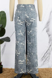 Серые повседневные брюки с принтом в стиле пэчворк с высокой талией