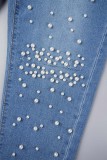 Mittelblaue, legere, lässige, zerrissene, mit Perlen verzierte Patchwork-Jeans aus Röhrenjeans mit hoher Taille (abhängig vom tatsächlichen Objekt)