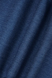 Deep Blue Street Solido scavato patchwork tasca fibbia colletto alla coreana manica lunga due pezzi