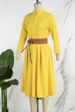 Solido casual giallo con cintura abiti a maniche lunghe con colletto alla coreana
