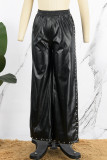 Black Casual Solid Patchwork Pocket Slit Beading Straight Mid Waist Straight Solid Color Bottoms