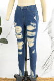 Diepblauwe straat effen gescheurde patchwork zakknopen rits skinny denim jeans met hoge taille