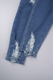 Deep Blue Street Solid Ripped Patchwork Fickknappar Dragkedja Hög midja Skinny Denim Jeans