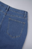 Deep Blue Street Solid Patchwork Pocket Buttons Zipper High Waist Ripped Skinny Denim Jeans
