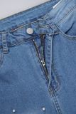 Jeans skinny in denim a vita alta con patchwork casual blu medio, strappati e perline (soggetto all'oggetto reale)