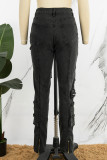 Черные однотонные джинсы для колледжа в стиле пэчворк с карманами и пуговицами на молнии со средней талией, обычные джинсовые джинсы