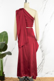 Красное сексуальное однотонное платье с открытой спиной и косым воротником без рукавов из двух частей