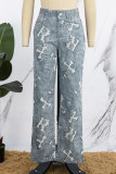 Pantalon décontracté à imprimé patchwork taille haute conventionnel à imprimé complet gris