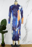 ブルーのエレガントなプリント パッチワーク O ネック ラップ スカート ドレス