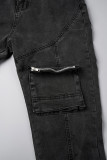 Black Street College Solid Patchwork Pocket Buttons Zipper Mid Waist Regular Denim Jeans